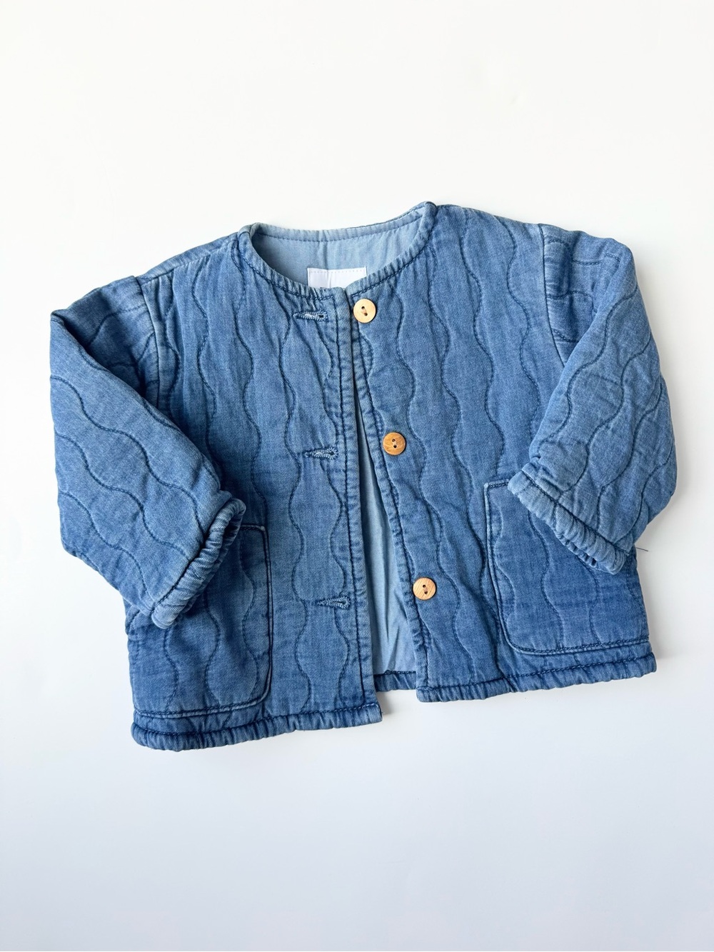 Zara Light Blue Quilted Jean Jacket with Wooden Buttons